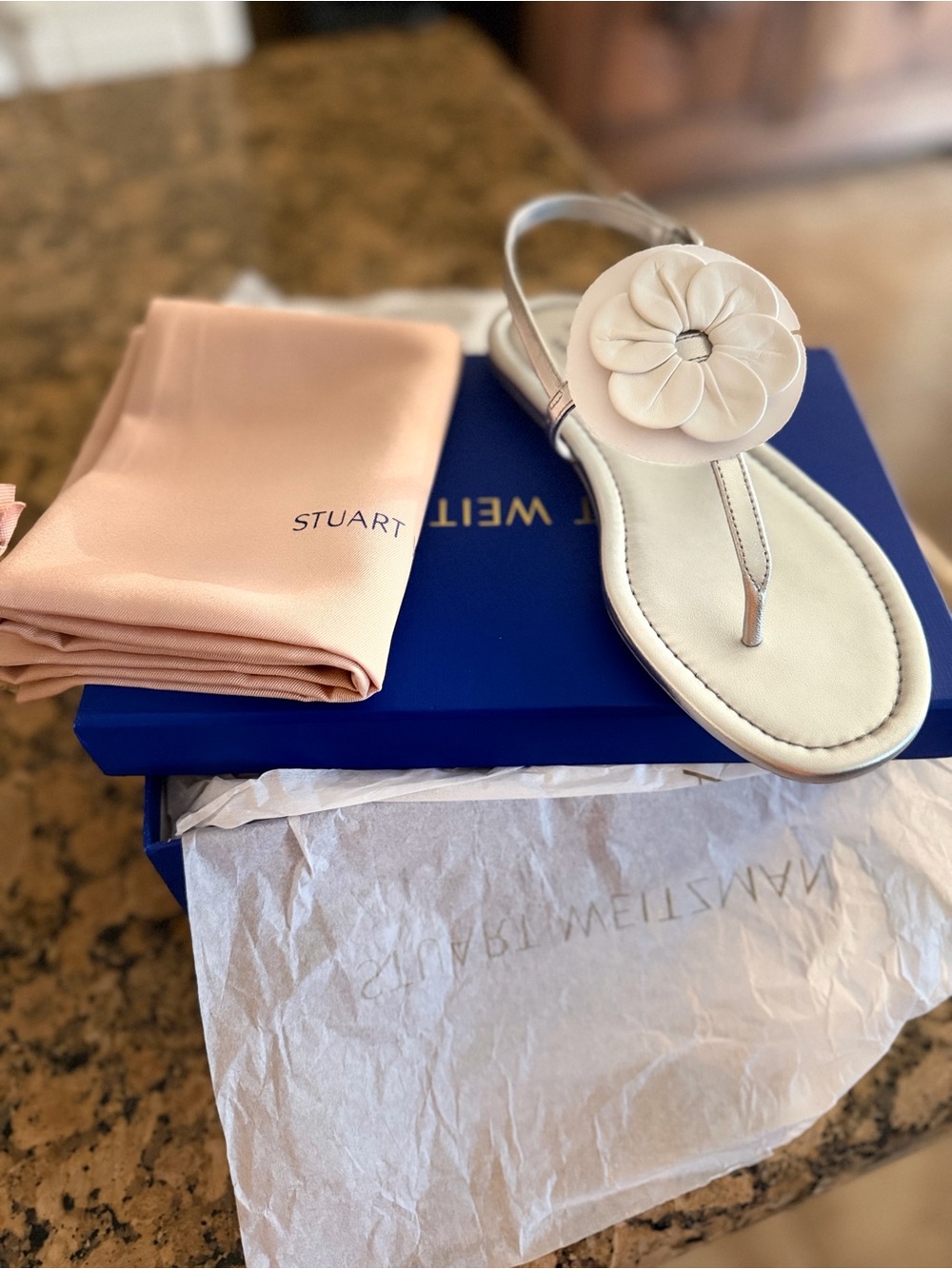 NIB Stuart Weitzman x Sandy Liang T-Strap Leather Sandal silver white floral 6.5